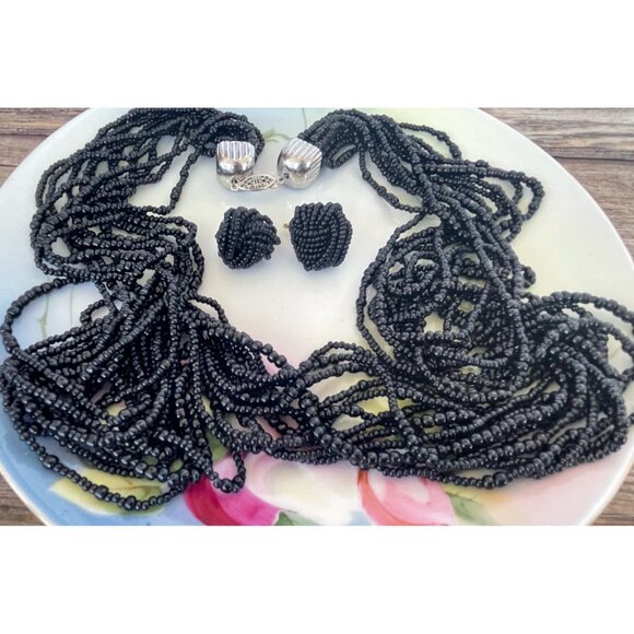 Vintage 1960s Black glass Seed Bead 12 Strand Necklace Cluster Earrings Set - Picture 13 of 14